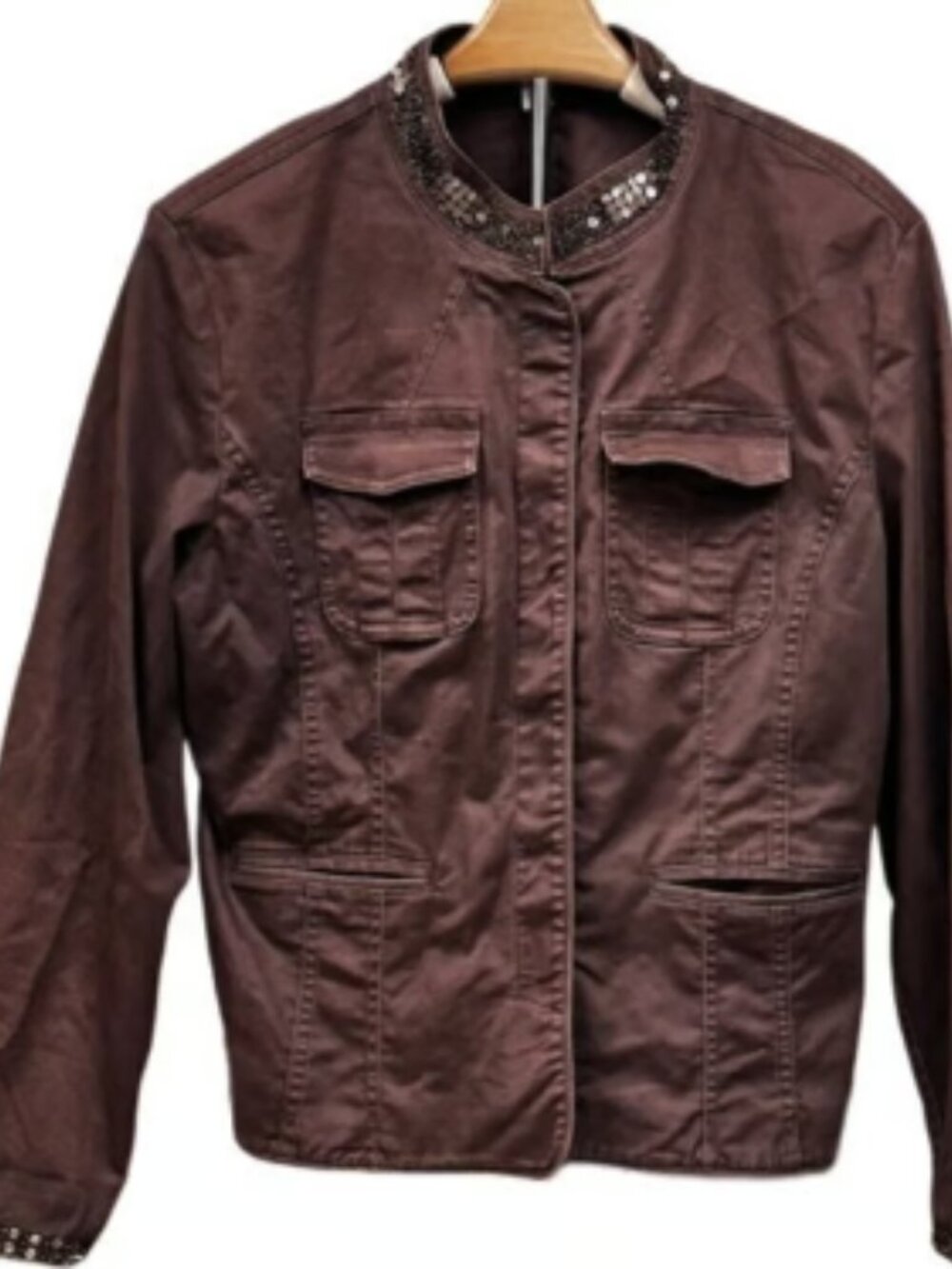 Apt 9 Sequin Utility Style Brown Jacket Pockets Button Front Large Lightweight
